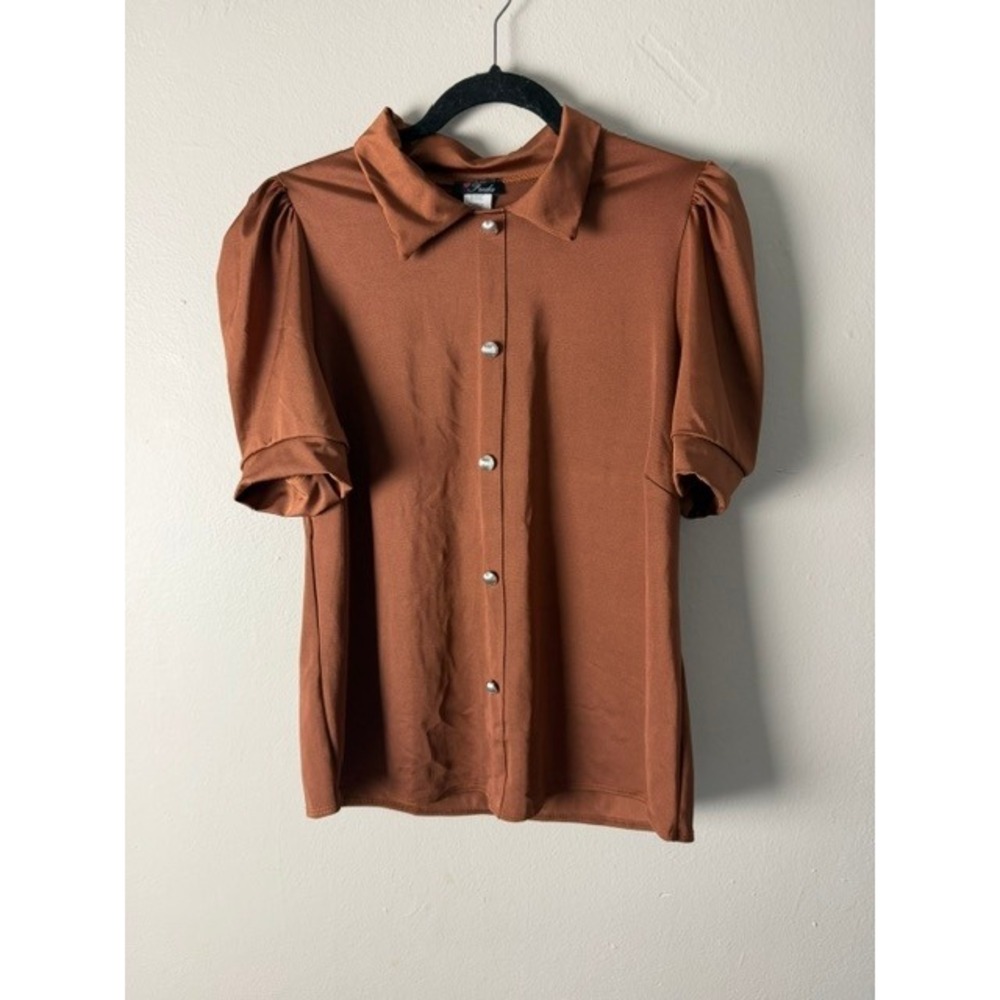 Fredes Rust Brown Puff Sleeve Button Up Blouse Top Large FS-705